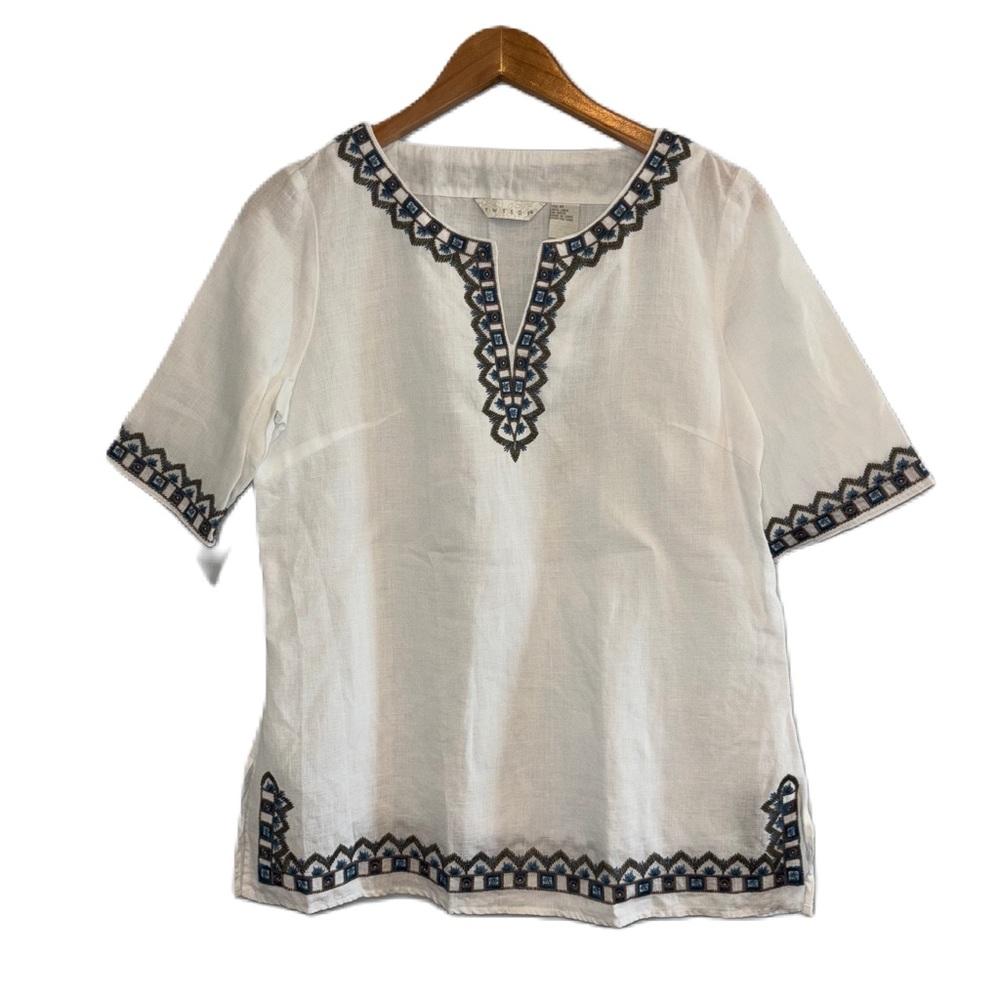Tweeds White Linen Embroidered Top Size Medium
